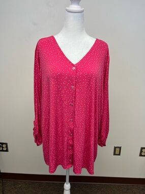 Susan Graver Hot Pink Polka Dot Long Sleeve V Neck Stretchy Blouse Size 3X
